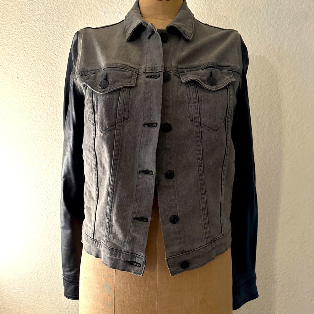 Rag & Bone grey denim jacket with leather sleeves size: medium